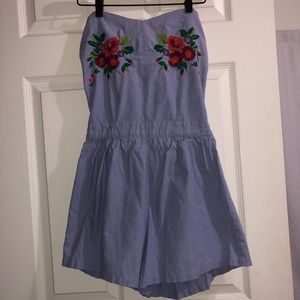 blue embroidered strapless romper